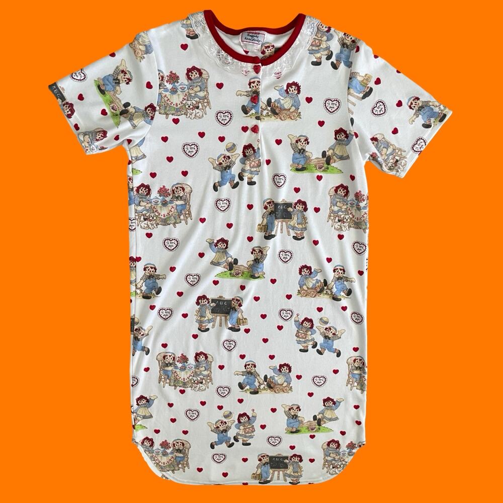 90's vintage raggedy ann sleep shirt kitschy heart print t-shirt dress LARGE